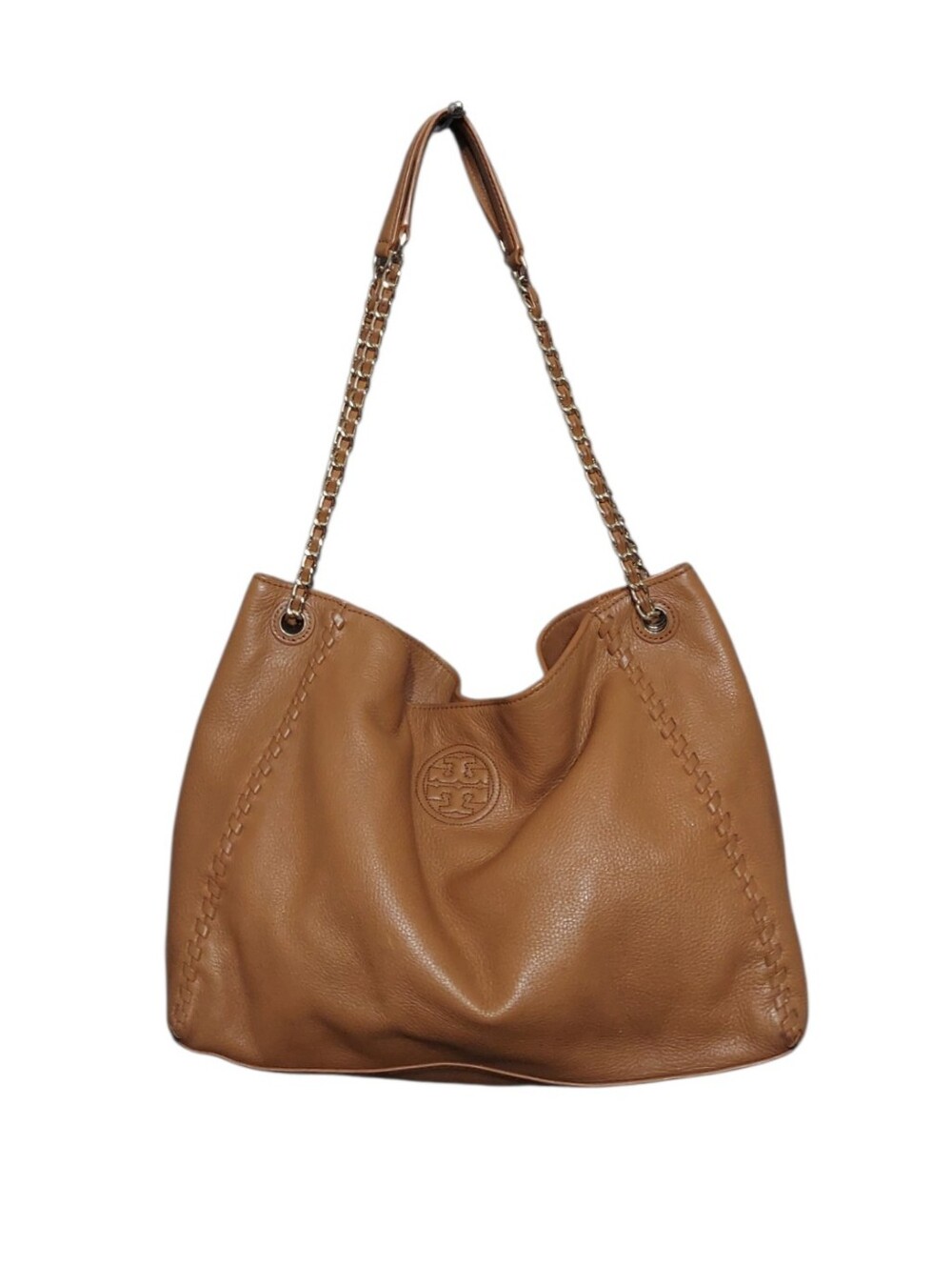 Tory Burch Marion Whipstitch Leather Slouchy Hobo Bag W/ Gold Tone HW EUC